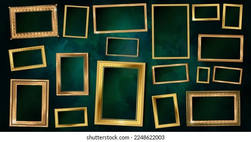 Empty painting or picture frame with golden engraved and carved Thai wooden borders. Set of decorative retro ornamental detailed picture frames. Old classic vector baroque golden frames collection.