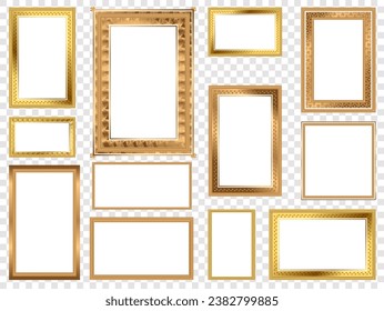 Empty painting or picture frame with golden engraved and carved wooden borders. Set of decorative retro ornamental detailed picture frames on a transparent background.