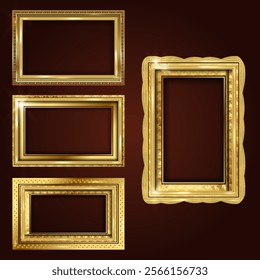 Empty painting picture frame with golden engraved and carved wooden borders. A set of decorative retro ornamental detailed picture frames. Old classic vector baroque golden gilded empty frameworks.