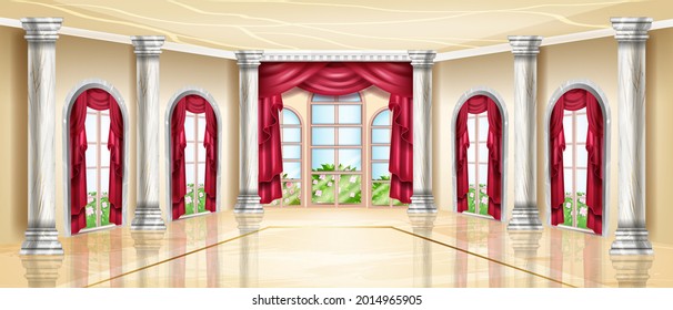 Empty palace interior, luxury vector ballroom, royal wedding banquet hall, arch window, marble floor. Nobility rich castle background, curtain, stone column. Grand restaurant palace interior backdrop 