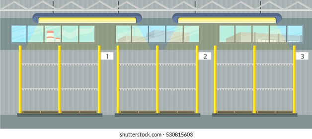 Empty pallet in warehouse interior. Shelves for goods with personal numbers. Logistic and factory. Business delivery. Waiting for the cargo delivering into the storage. Vector illustration