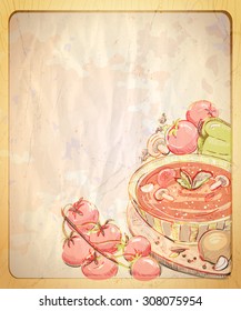 Empty paper backdrop with hand drawn graphic illustration of tomato soup, retro style.