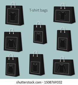 Empty Paper bags with pictures of clothes. Different sizes. Vector illustration.