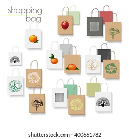 Empty paper bags set. Bags with different prints isolated on white background, vector illustration. 