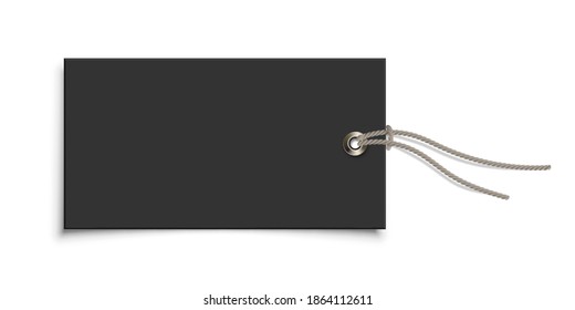 Empty Paper Black Clothing Label With Metallic Rivet And Grey Ribbon On White Background. Blank Tag Of Clothes For Design Logo Print, Company Message, Customer Information. Vector Realistic Object