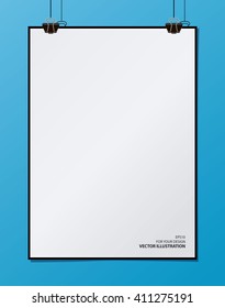 Empty paper blank A4 format poster design for your text, paper clips and shadow on blue background. Eps10 vector illustration