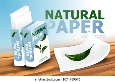 Empty paper Blank sheet, natural product poster, with wooden and blue background