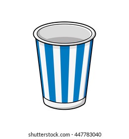 Empty paper blue striped soft drink disposable cup, vector icon isolated.