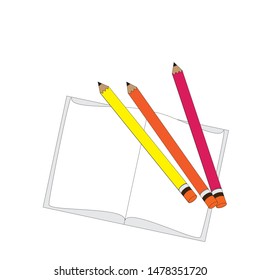 Empty paper book and colors  wood pencils vector on white background.  