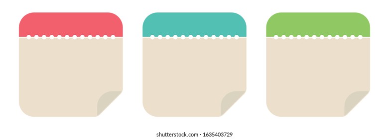 Empty Paper Calendar Icons in Red, Blue and Green, Vector Illustration