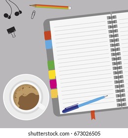 Empty paper with coffee and notes on desk  with copy space, top view, vector illustration.