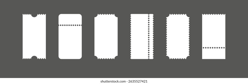 Cupons de papel e tíquetes vazios. Cartões de entrada para promoções de teatro, viagens ou vendas. Modelos de tíquete brancos isolados.