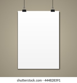 Empty paper frame mockup hanging with paper clip on gold background. Vector EPS10.