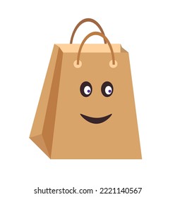 Empty paper handle brown shopping bag with smiling face. Vector illustration icon. Shop packaging template mockup. Retail. Store delivery service. Food kraft eco bag. Ecology. Sustainability concept.