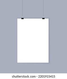 Empty paper page hanging up with binder clips. A3, a4 or other formats, white realistic note mockup. Blank clean sheet. White brochure flyer or banner. Shadow on grey background vector illustration.