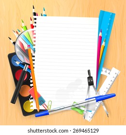 Empty Paper School Supplies On Wooden Stock Vector (Royalty Free ...