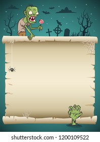 Empty paper scroll for halloween invitation. Zombie with lolly and zombie hand sticking out of the ground. Nighty halloween scary background with cemetery