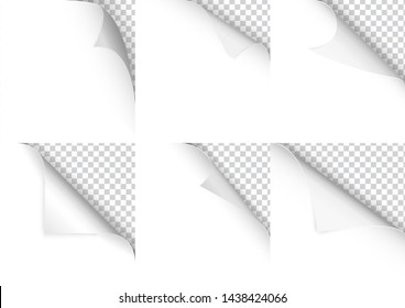 Empty paper sheet with curly corner and transparent shadow element for advertising and design. Vector illustration