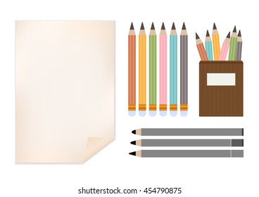 Empty paper sheet with pencil set. Vector Illustration.