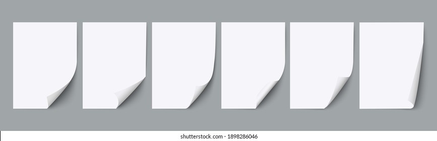 Empty paper sheets, blank A4 sheets of white paper with different curled corners and shadow. Set of templates for your design.Vector illustration