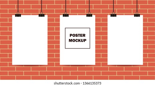 Empty paper sheets blank hanging on the clamps on red bricks wall, three clear vertical posters mock up, vector illustration