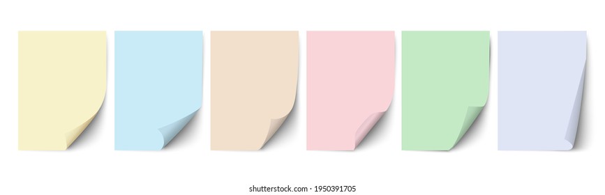 Hojas de papel vacías, hojas de papel de colores pastel con diferentes esquinas y sombras curvadas. Conjunto de plantillas para el diseño.Ilustración vectorial