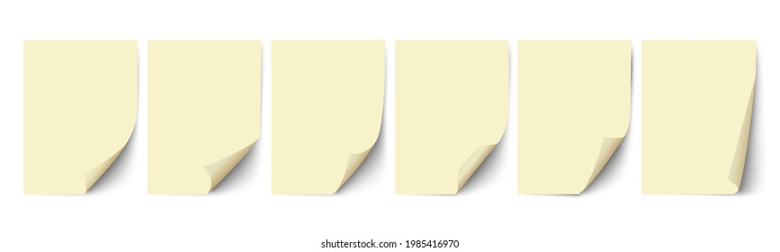 Empty paper sheets, yellow sheets of paper with different curled corners and shadow. Set of templates for your design.Vector illustration