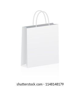 Empty paper shopping bag isolated on white background. Realistic 3d template for shops, markets, branding and advertising. Mockup for package. Eco packaging. Easy to edit vector illustration. 