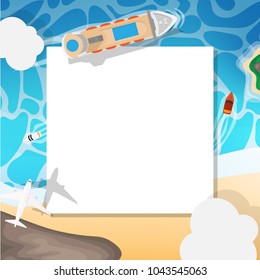 Empty paper for text(copy space) top down view with transportation in passenger cruise ship,plane,speed boat and white sand beach with some wave- for tropical sea beach advertising promotion board 
