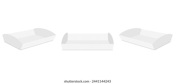 Empty Paper Tray Boxes Mockup With Arc Edges, Front Side View, Isolated On White Background. Vector Illustration