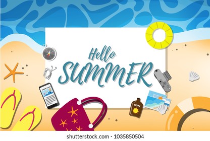 Empty paper for your text (copy space) with many beach stuffs - shoe, life ring, film camera, mobile phone, compass, starfish, sea shell- for tropical sea beach advertising promotion board 