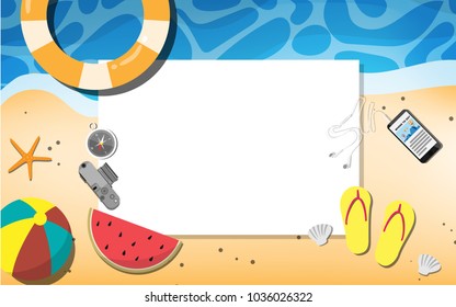 Empty paper for your text (copy space) with many beach stuffs - shoe, life ring, film camera, mobile phone, compass, starfish, sea shell- for tropical sea beach advertising promotion board 