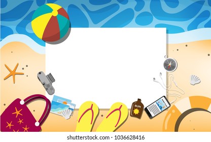 Empty paper for your text (copy space) with many beach stuffs - shoe, lifering, beach ball, film camera, mobile phone, compass, starfish, sea shell- for tropical sea beach advertising promotion board 