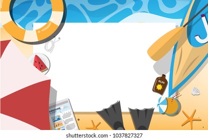 Empty paper for your text (copy space) with many beach stuffs -, starfish, sea shell- for tropical sea beach advertising promotion board 