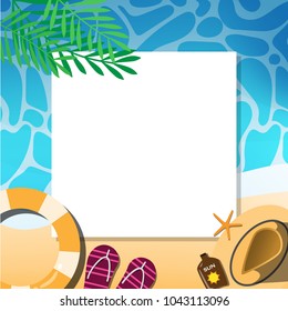 Empty paper for your text (copy space) top down view with many beach stuffs-life ring,sun screen,star fish,slipper,summer hat,compass etc. for tropical sea beach advertising promotion board 
