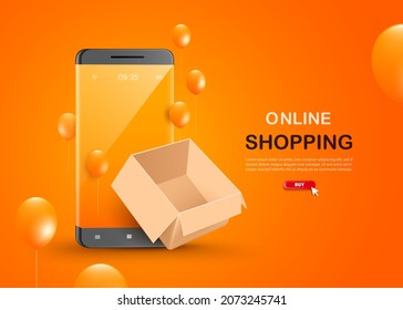 An empty parcel was opened and placed in front of a smartphone with orange balloons floating around the area,vector 3d on orange background for online shopping advertising design