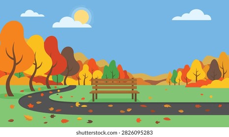 Empty park bench in autumn forest scenery with landscape outdoors relaxation