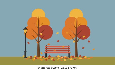 Empty park bench with a classic street lamp stands between orange autumn trees against a moody blue sky background.