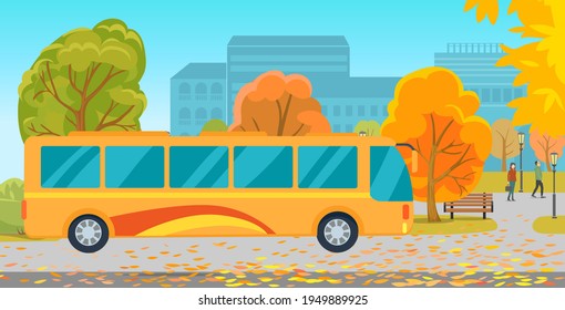 Empty park with bus at urban background. Station with seats and trees. Bus stop autumn landscape