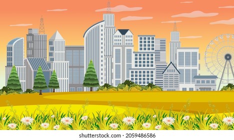 Empty park in the city scene at sunset time illustration