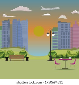 Empty Park with cityscape background. Bench table and chair. Flat vector illustration.