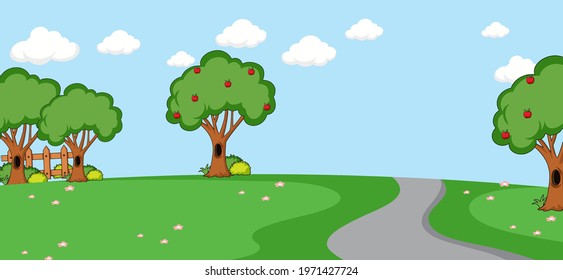 Empty park landscape scene with long road illustration