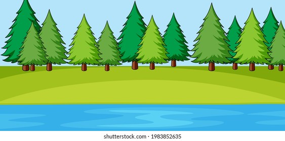 Empty park landscape scene with many trees and river illustration