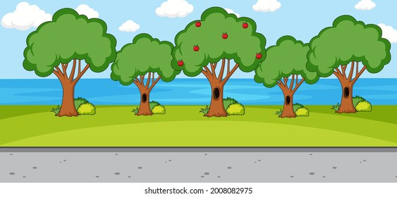 Empty park landscape scene with many trees and river illustration