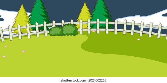 Empty park landscape scene at night with many trees illustration