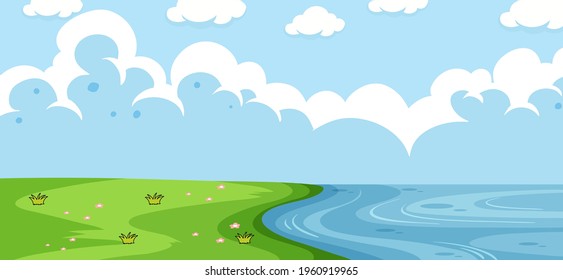 Empty park landscape scene with riverside illustration