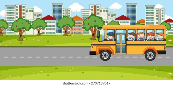 Escena de paisaje de parque vacío con autobús escolar