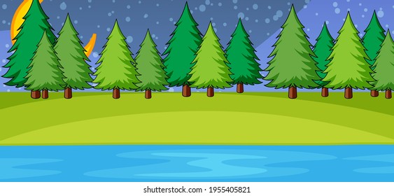 Empty park nature scene at night in simple style illustration