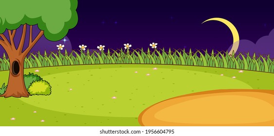 Empty park nature scene at night in simple style illustration