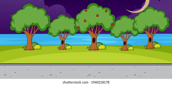 Escena natural de parque vacía por la noche en una ilustración de estilo simple